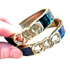 Silver Fornash Clamper Bracelets (2) hinge bangle cuffs navy blue & black enamel